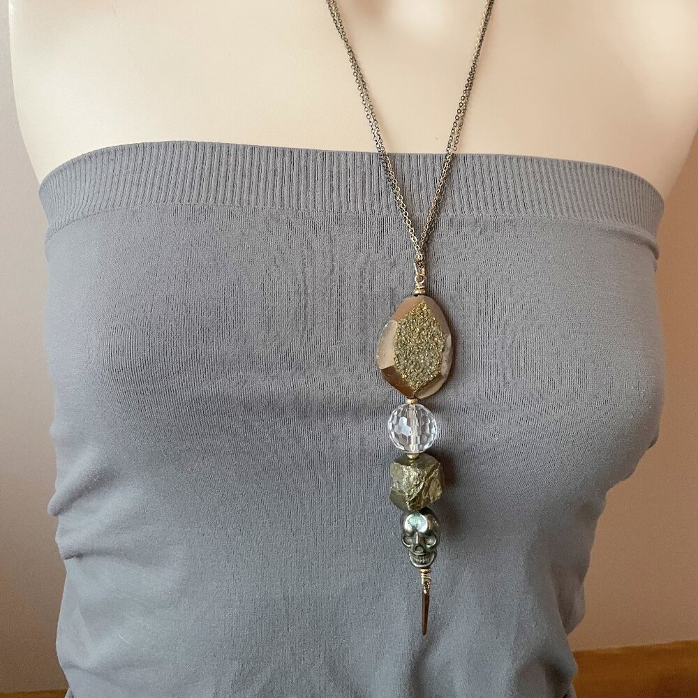 Anthropologie Skull Stone Pendant Necklace Gold Tone Jewelry By Mima